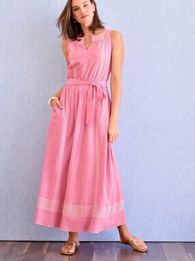 Talbots Embroidered Cotton Gauze Belted Maxi Dress Womens 6 Pink Boho Preppy
